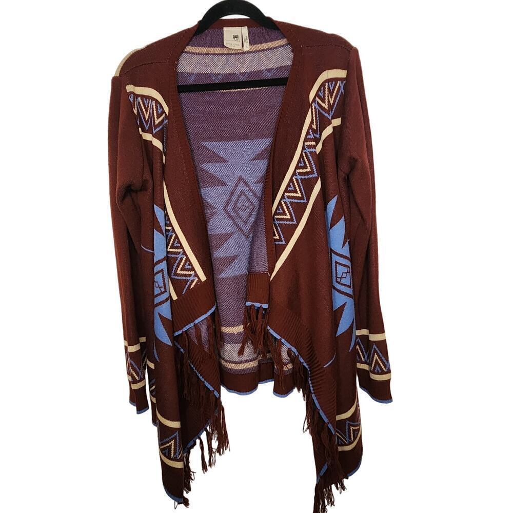 Pink Owl Aztec Open‎ Front Fringe Waterfall Cardigan Boho Women's Size Large